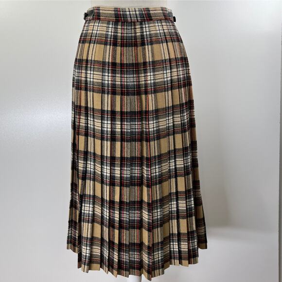 Vintage Plaid Tartan Irish Wool Midi Pleated Wrap Skirt Tan - Picture 6 of 8
